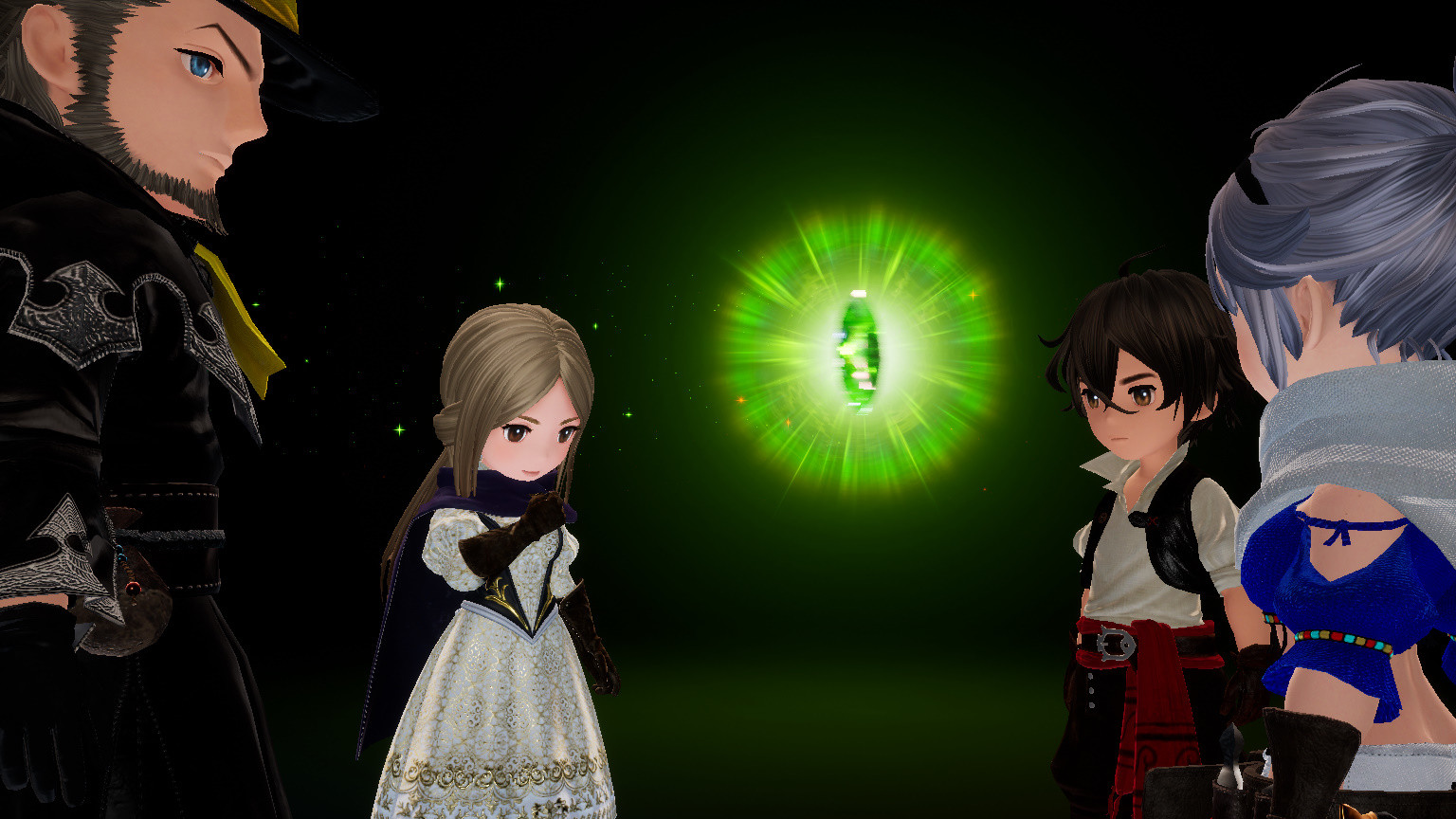 Four characters stand around a glowing green crystal.