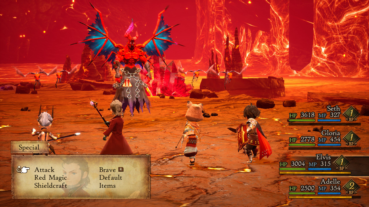 The party confronts a winged enemy in a fiery battle arena.