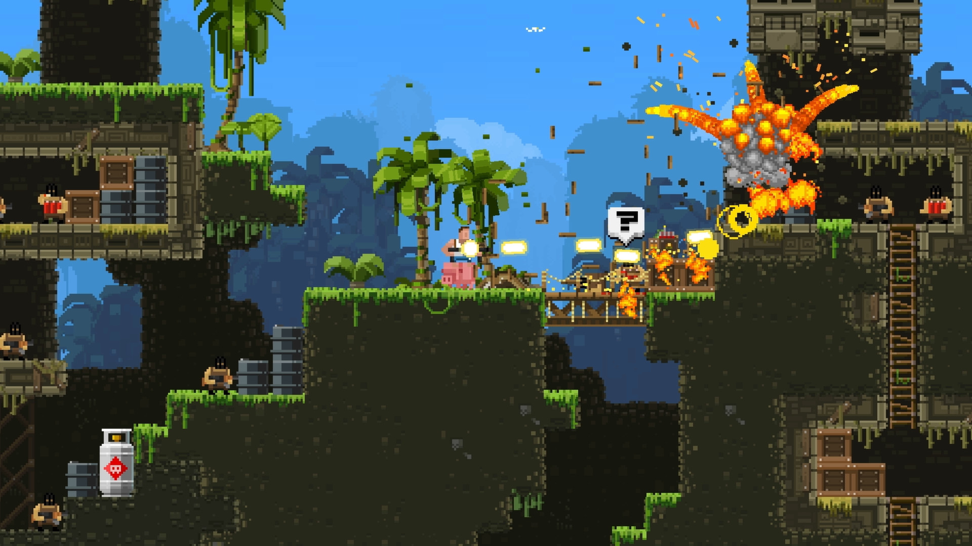 Broforce fighters battle beneath an explosion on a tropical stage.