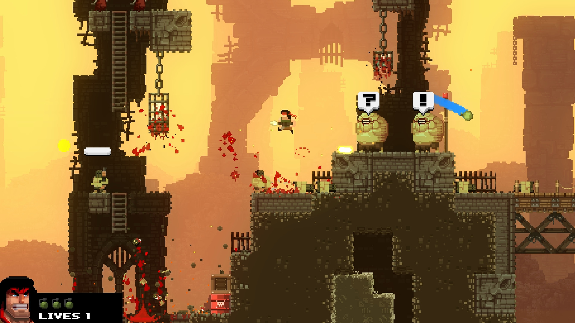 A fighter crosses a destructible platform as enemies take cover.