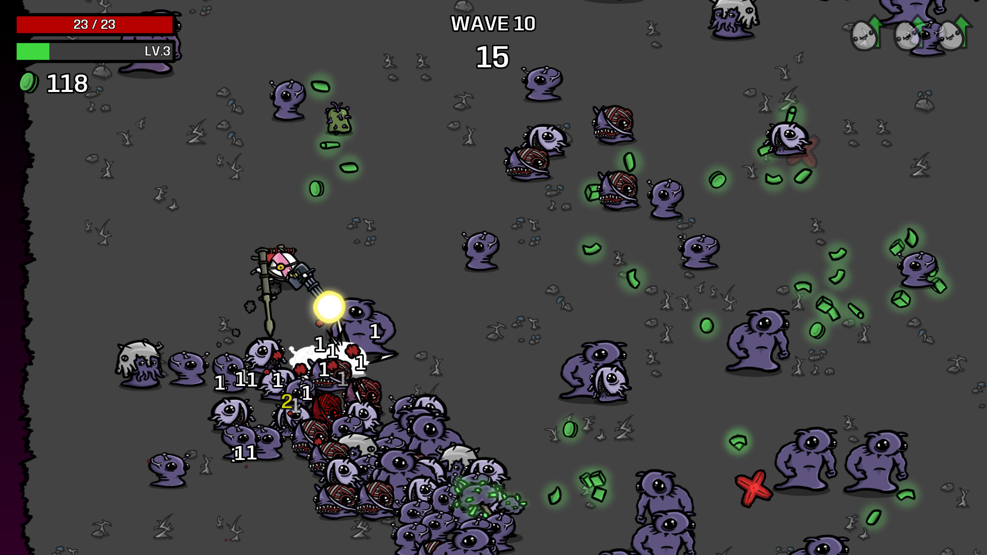 The potato survivor fights a crowd of aliens during a timed wave.