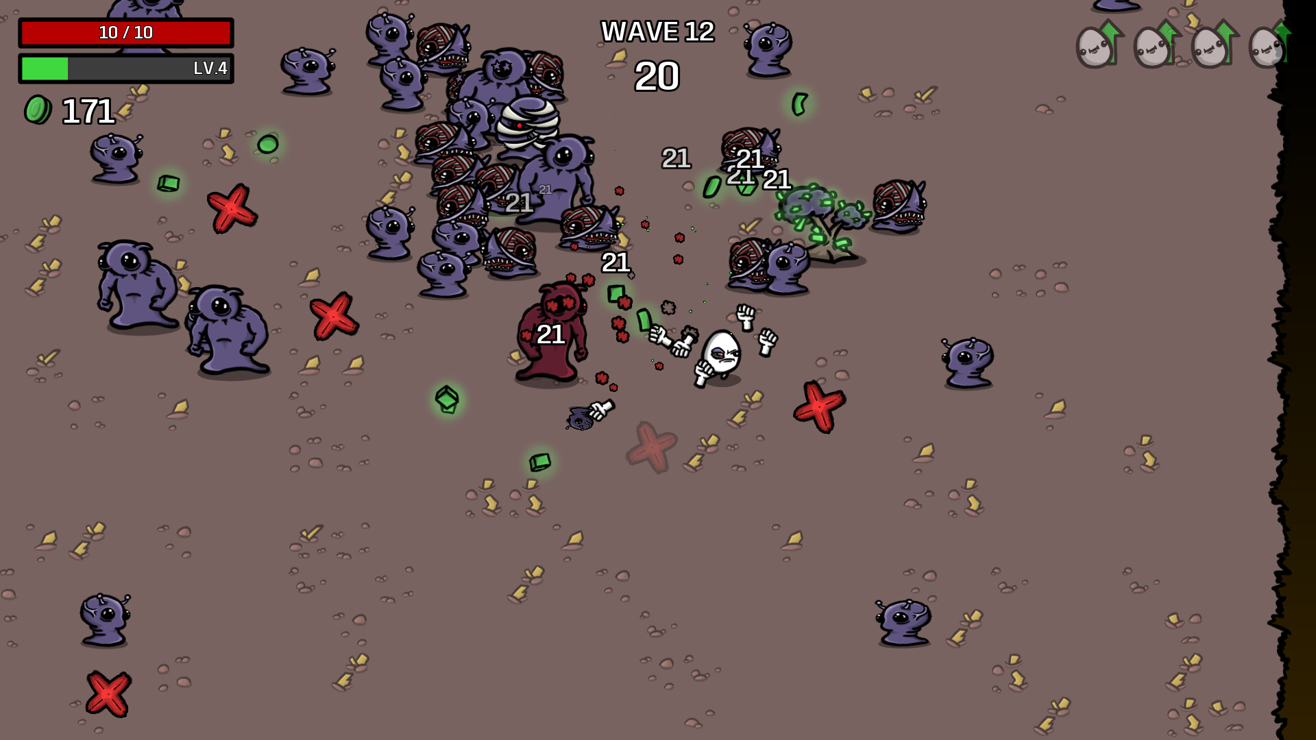 Enemies gather around the survivor as materials and projectiles fill the arena.