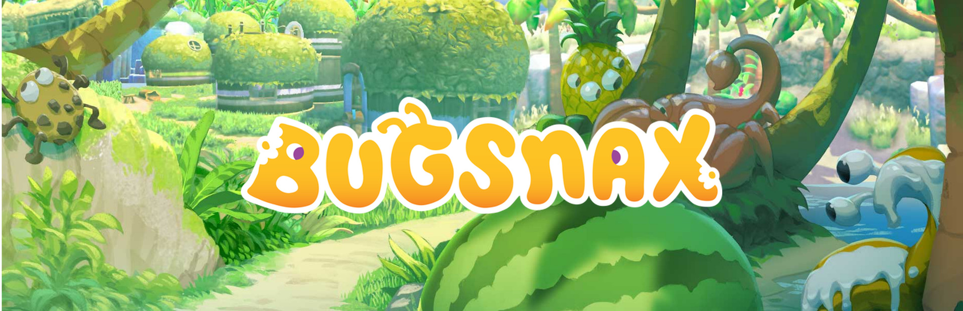 Official Steam library artwork places the Bugsnax title over a lush island scene with food-shaped creatures.