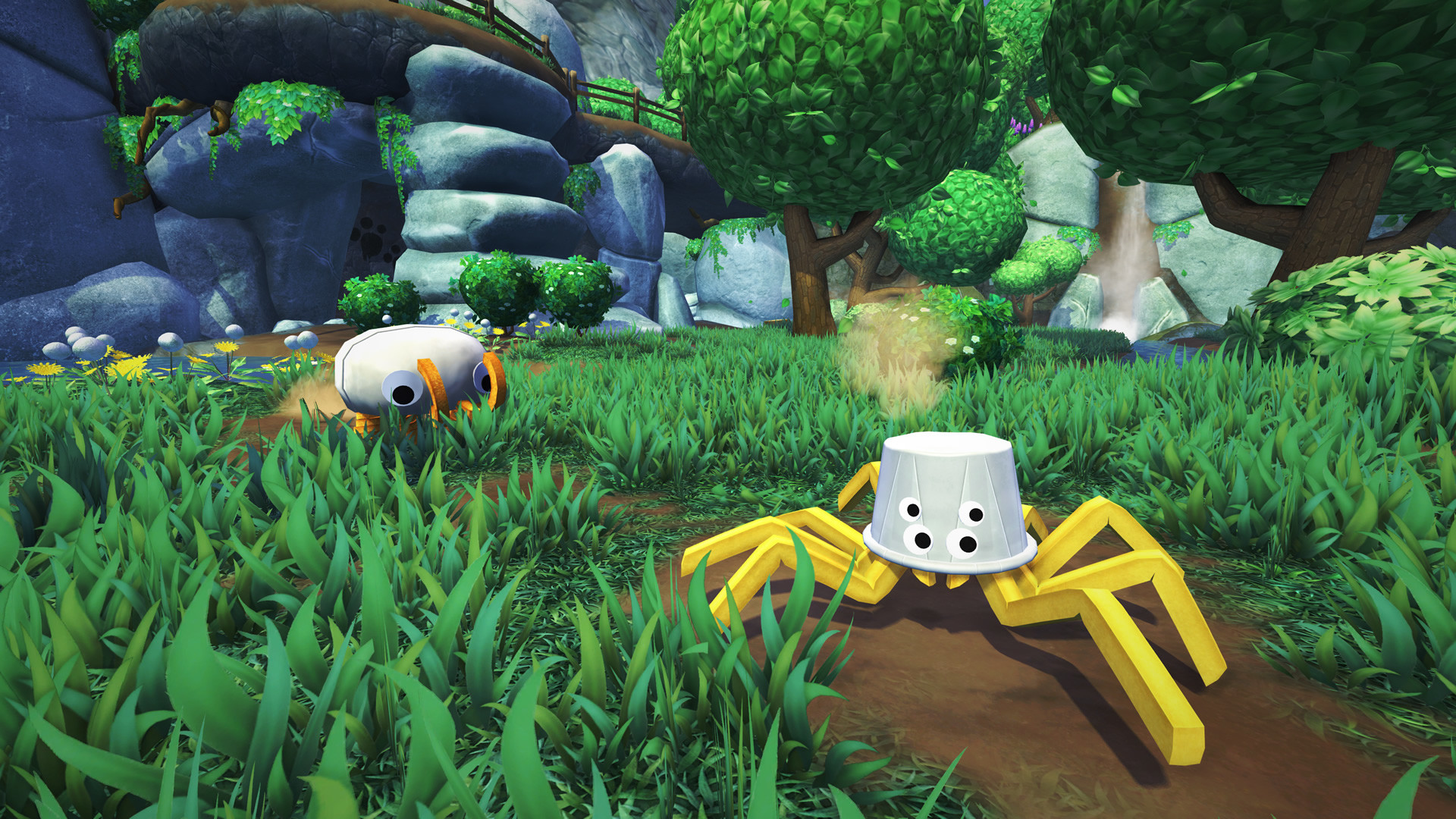 A yellow crab-like Bugsnak moves through grass beside another creature.