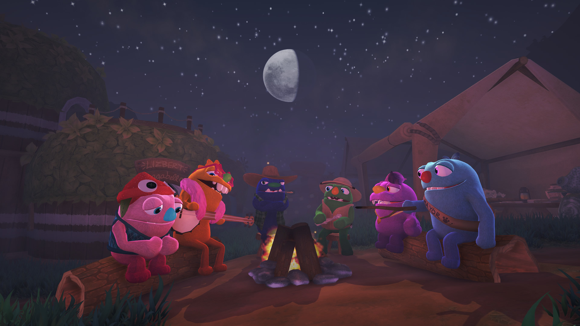 Grumpuses gather around a campfire under the night sky.