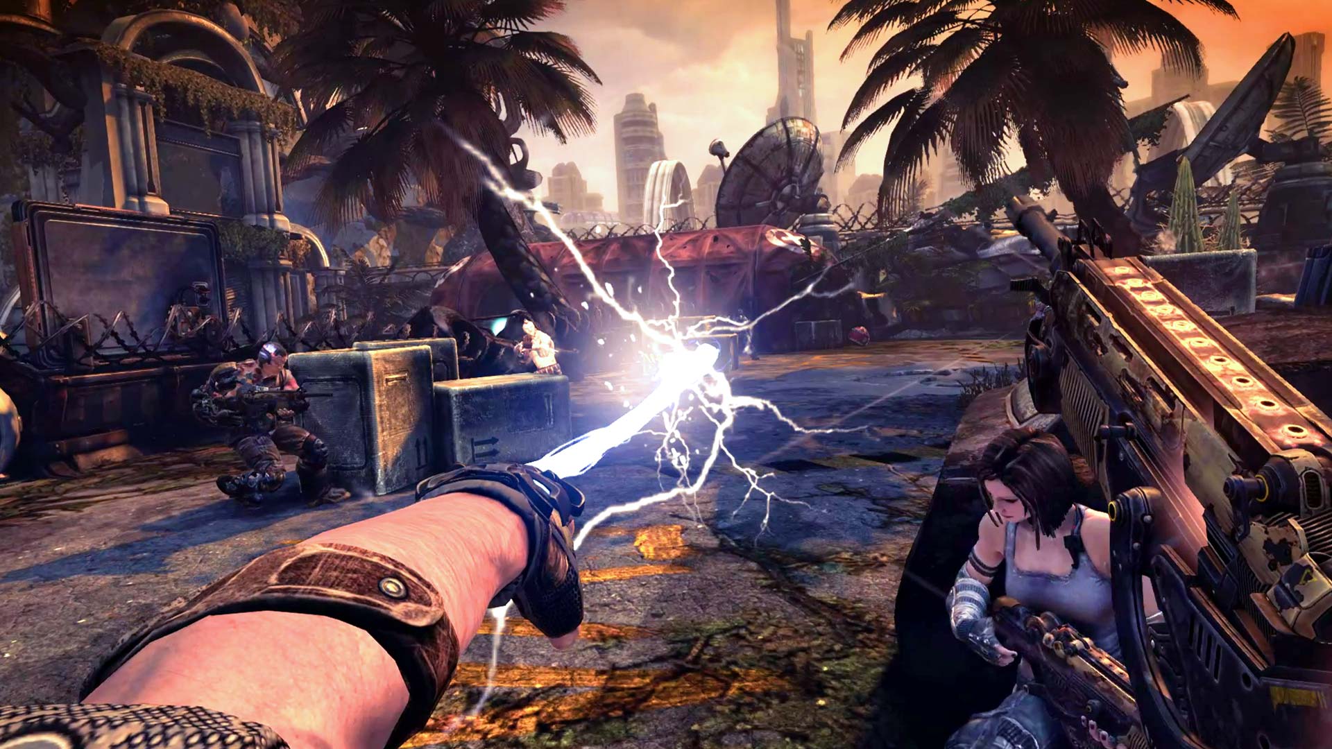 An electric leash strikes an enemy on a ruined resort street.