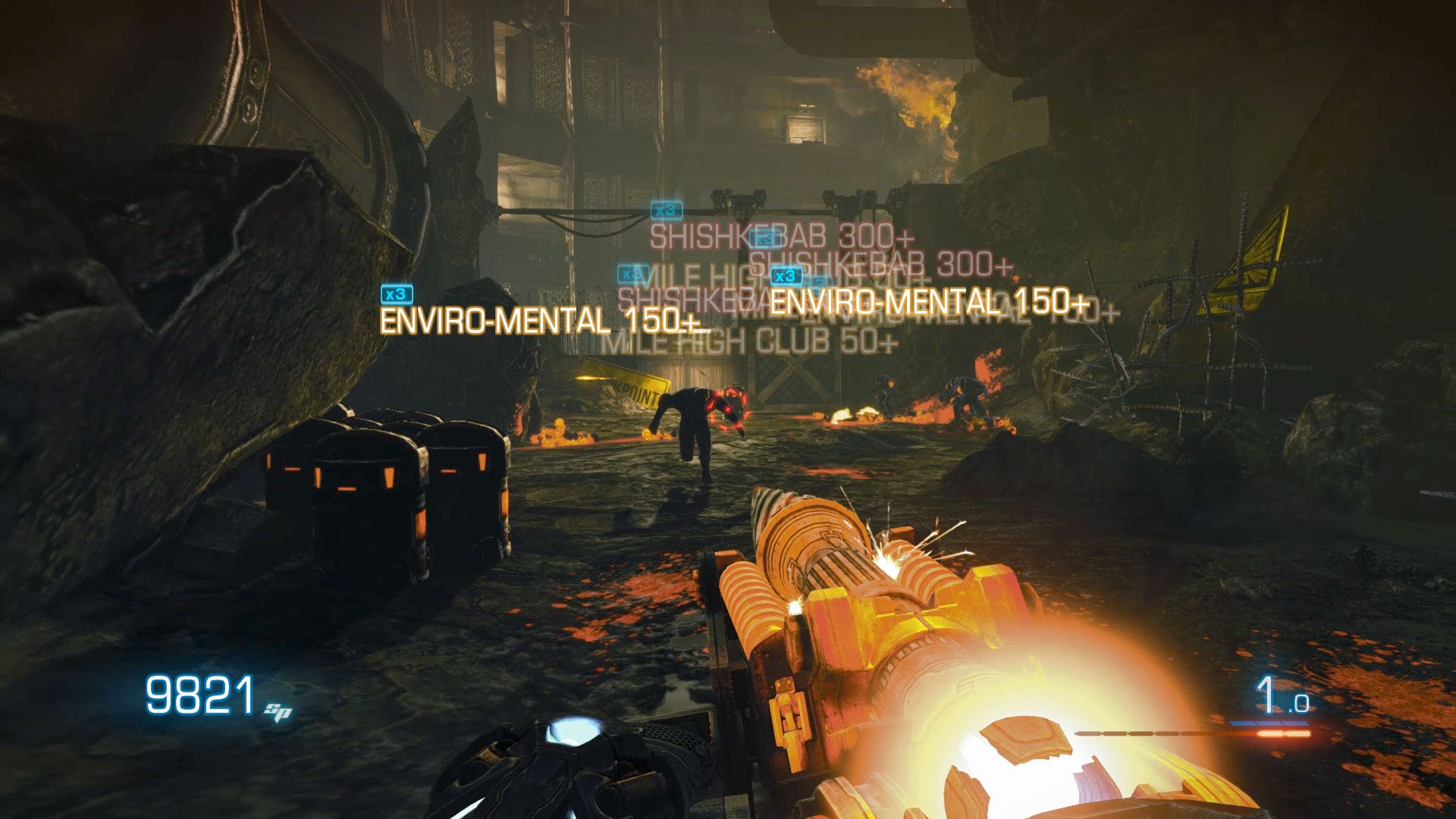 Skillshot scores appear over a battle inside a dark building.