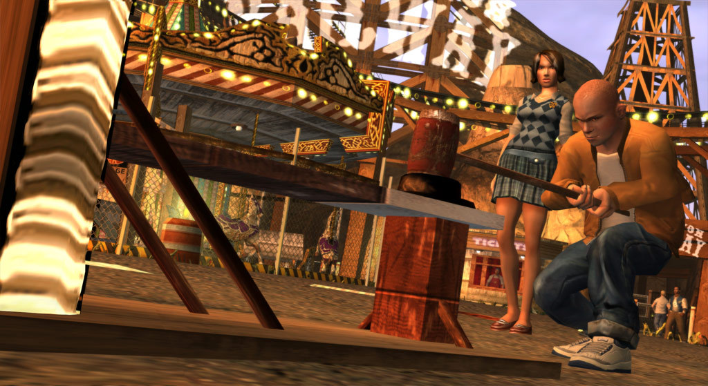 Students gather beside a carnival game.