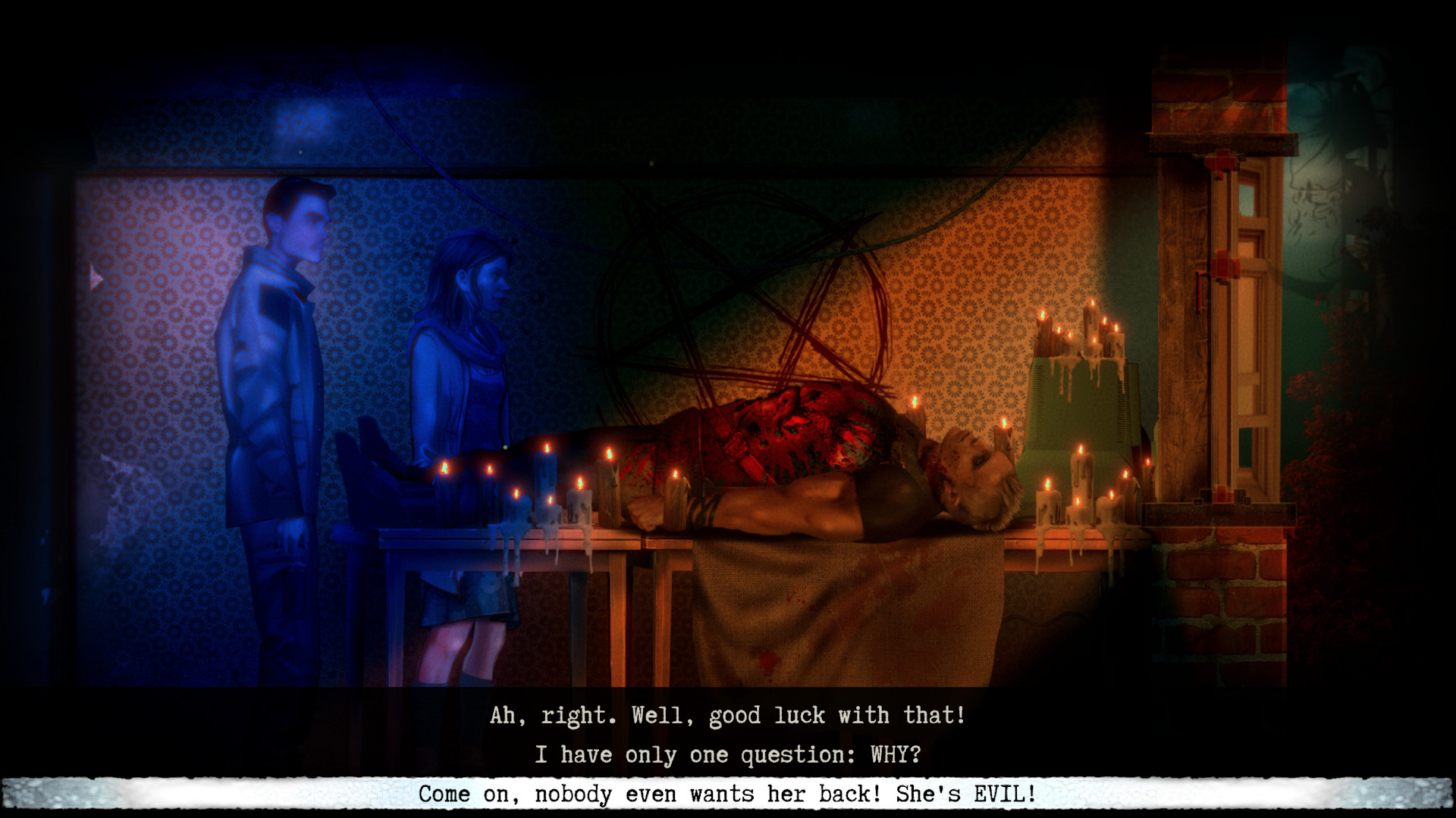 Two figures stand near a candlelit bed as dialogue appears.