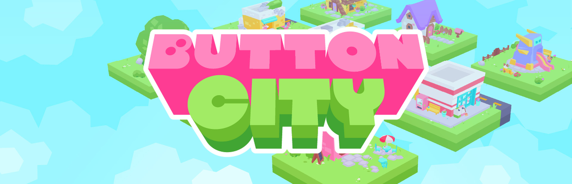 Official Steam library artwork places the Button City title over floating pastel town islands.