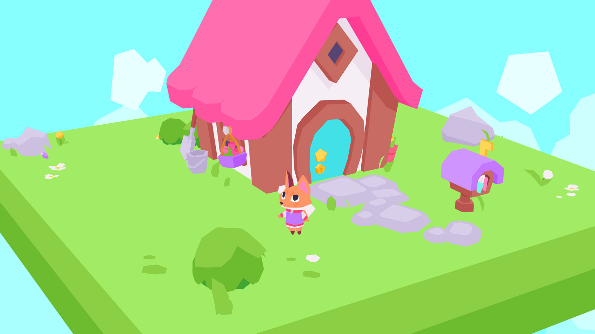 Fennel stands outside a pink-roofed house in the pastel diorama town.