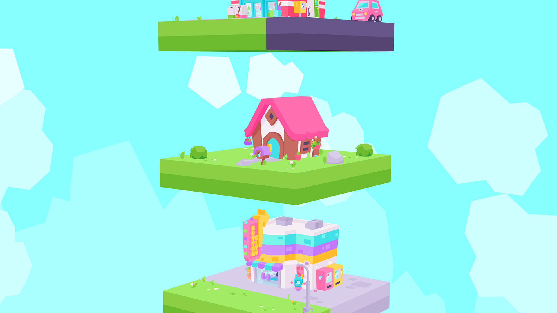 Floating diorama islands show homes and other buildings in Button City.
