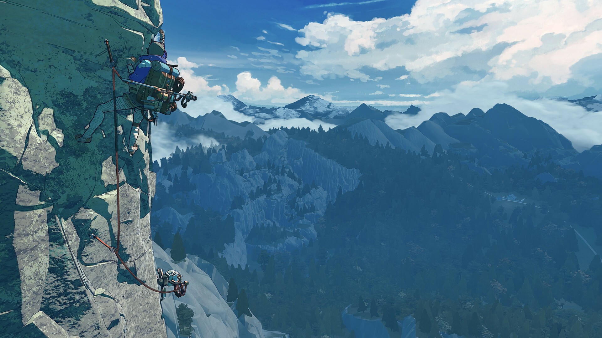 A climber scales a steep rock face above a mountain valley.