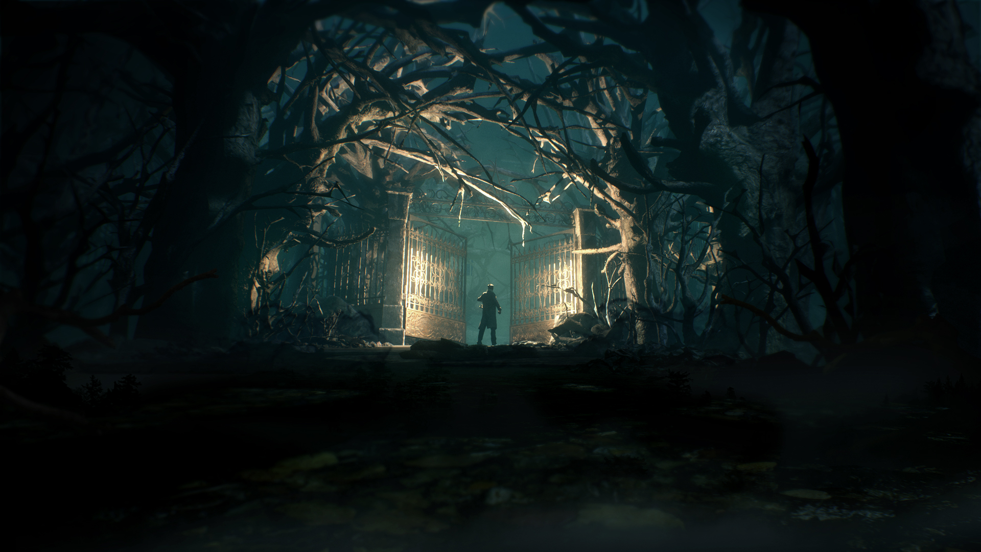 A lone figure stands at the end of a cavern passage.
