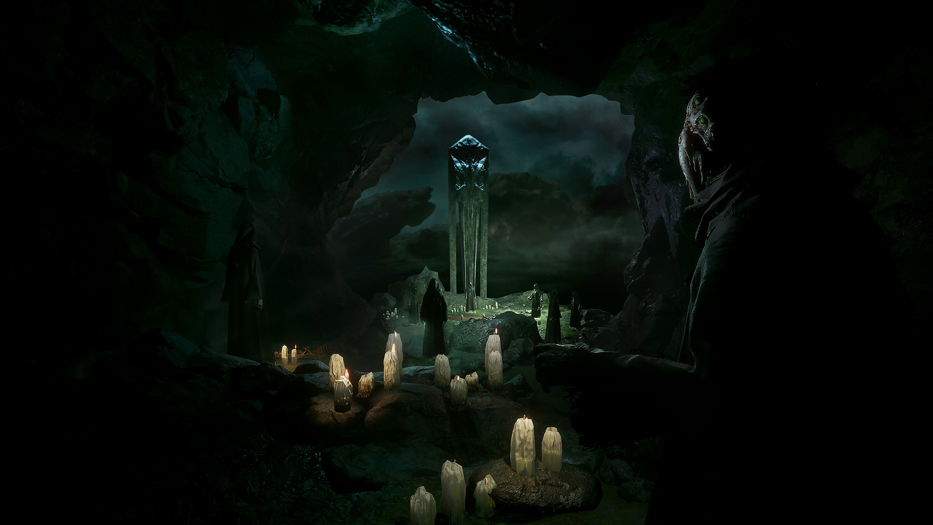 Candles surround a stone structure inside a dark cave.
