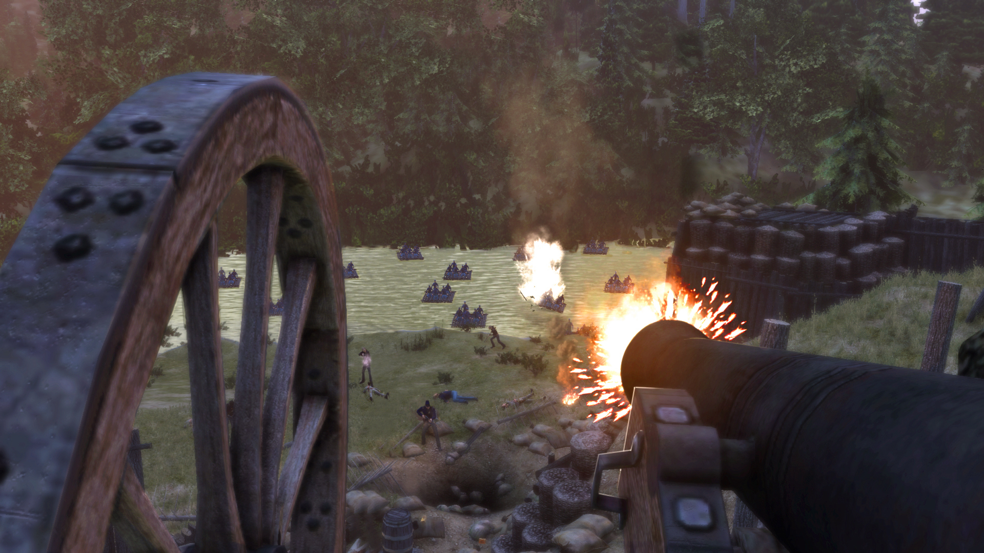 A mounted weapon fires across a field near burning wreckage.
