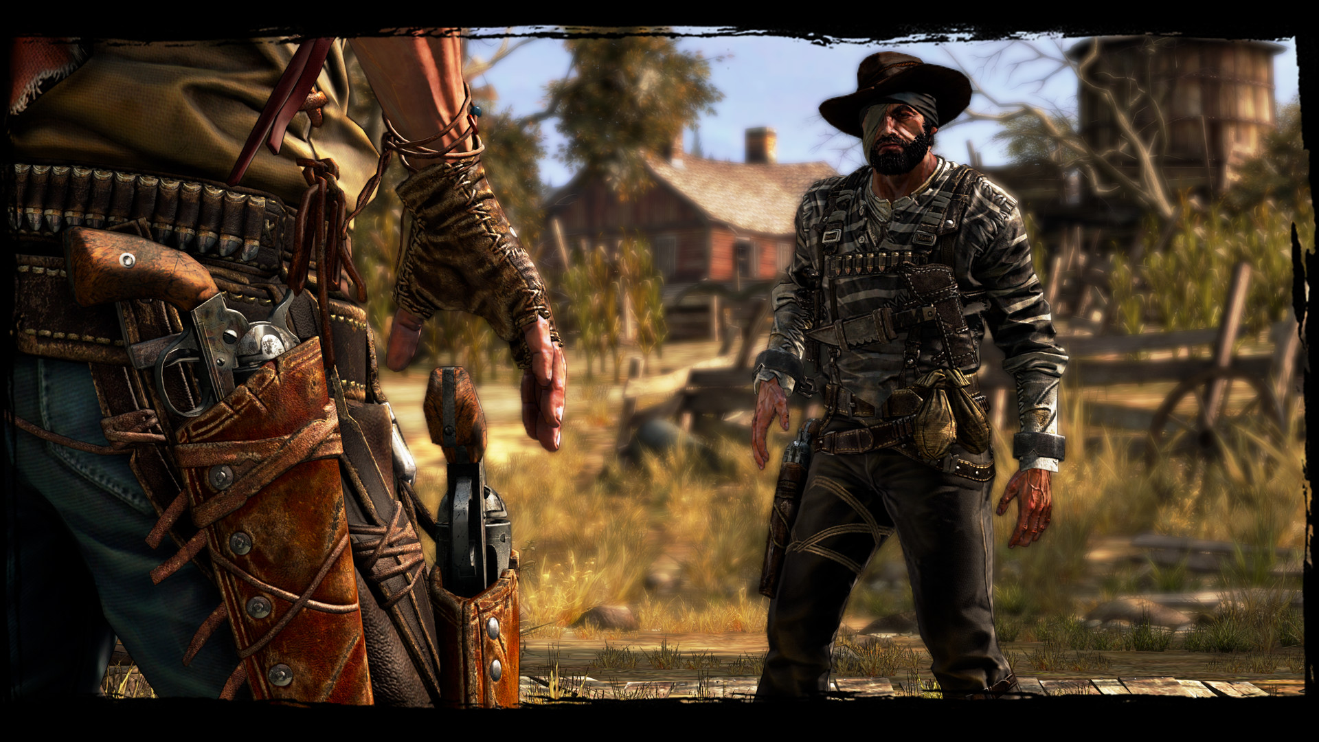 Two gunfighters face each other on a sunlit Western street.