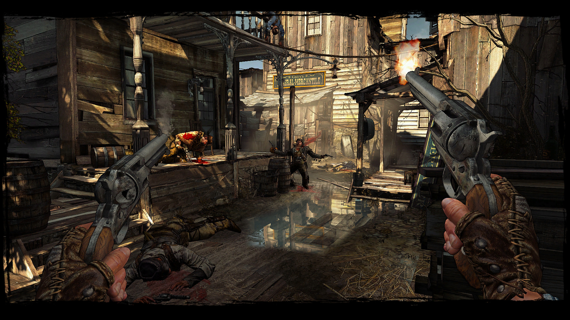 A gunfight unfolds along a narrow wooden street.