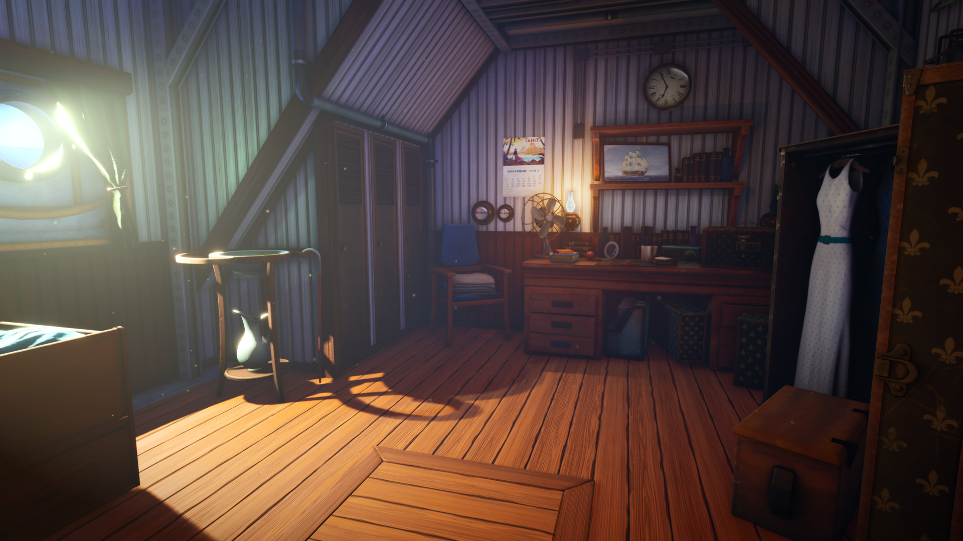 Sunlight falls across a furnished room.