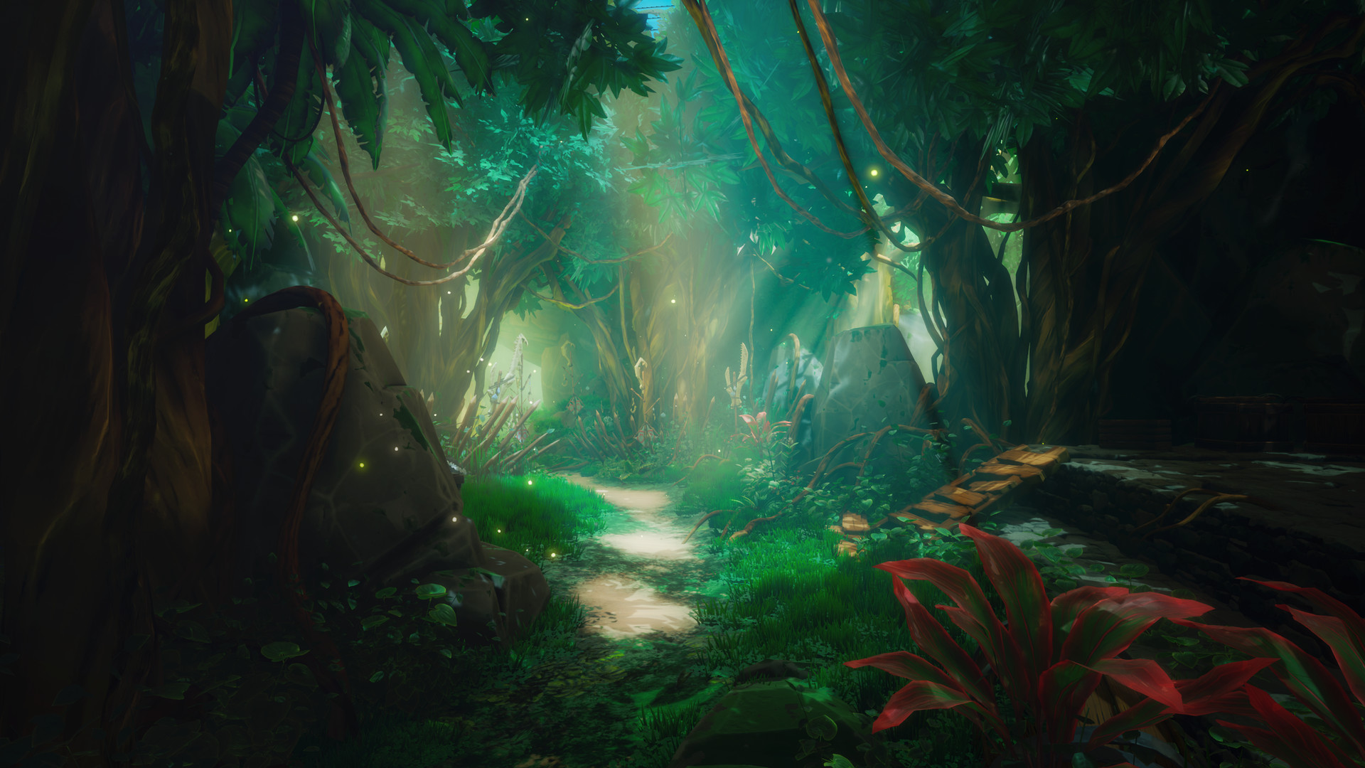 A path winds through a green island forest.