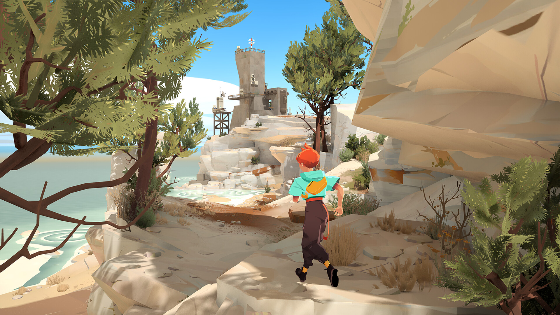 Sauge runs along a rocky coastal path toward a ruined tower.