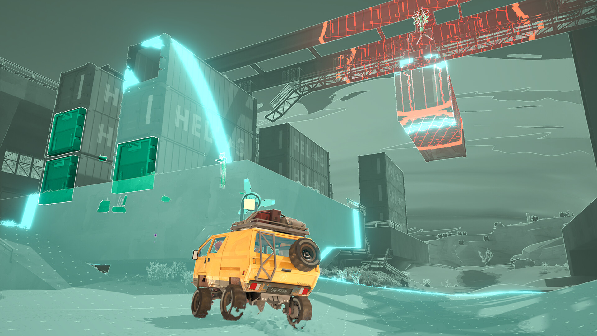A yellow van approaches an industrial structure highlighted by a scanning view.