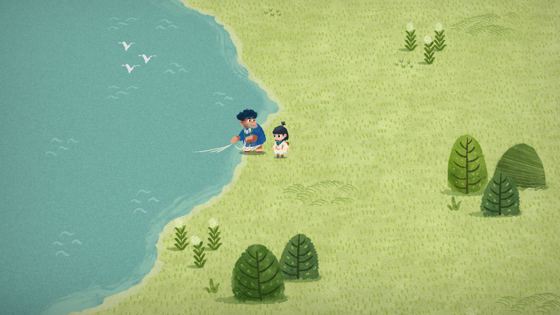 Carto stands beside a fisherman on a grassy shoreline.