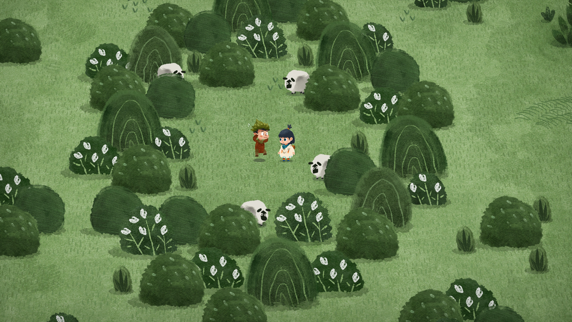 Carto meets a character among sheep and rounded green trees.