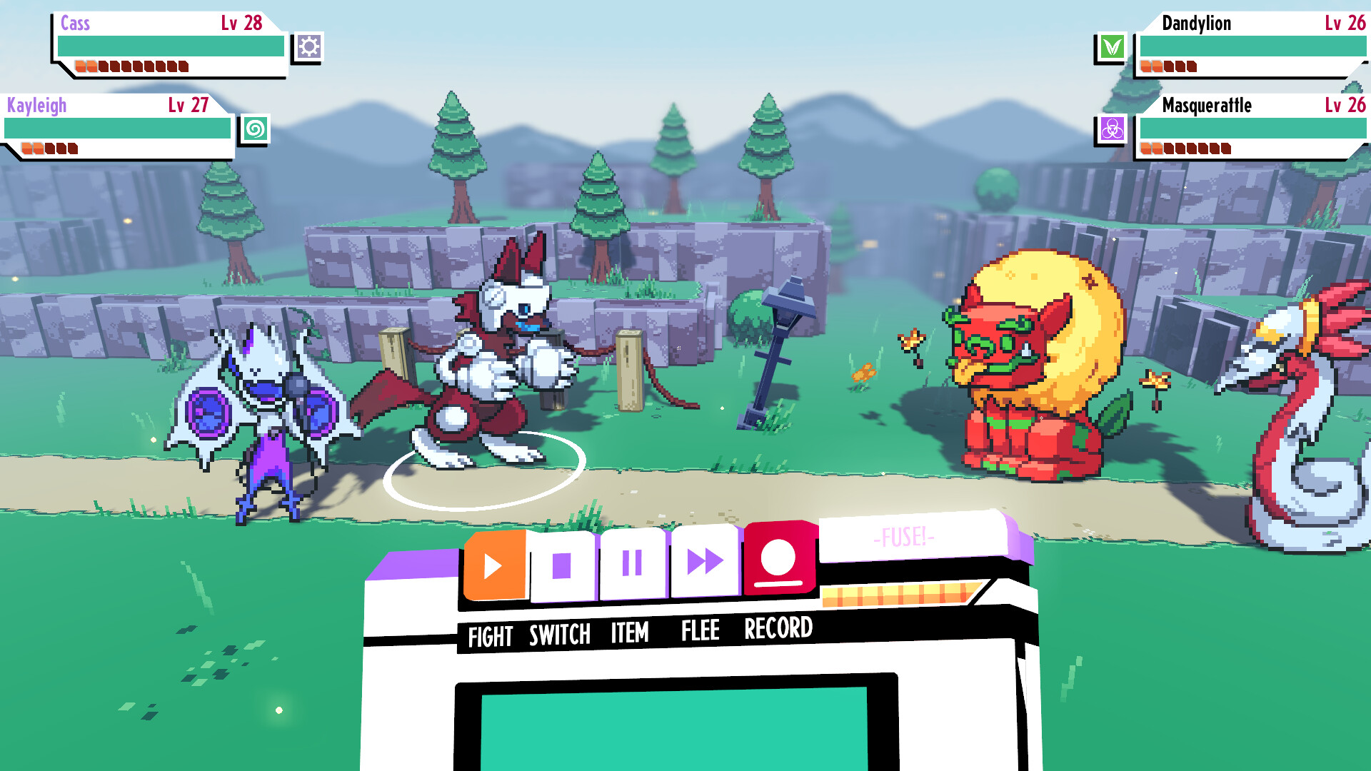 A turn-based Cassette Beasts battle shows two transformed allies facing Dandylion and Masquerattle.