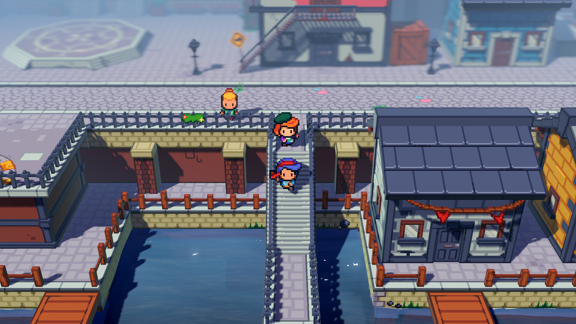 Three pixel-art characters cross a stairway between buildings and waterways.