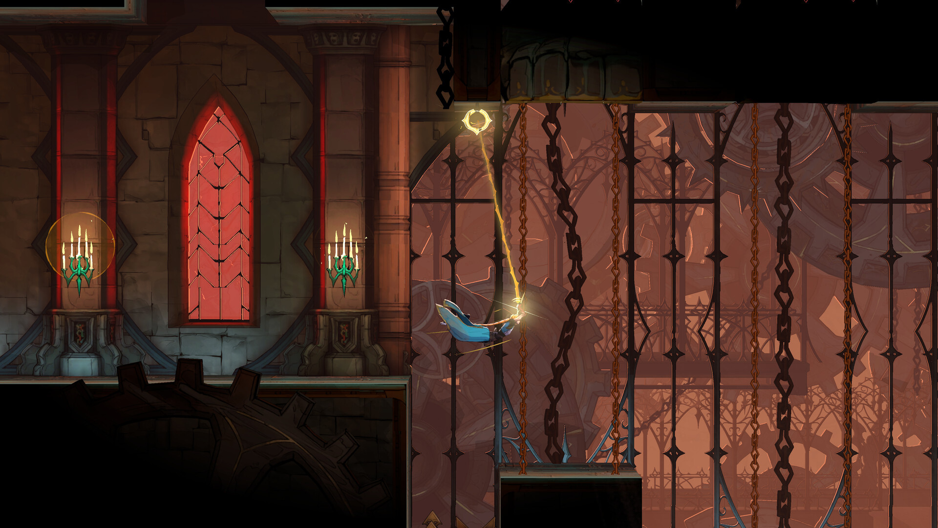 Rose Belmont swings from a glowing whip anchor across a gothic chamber.