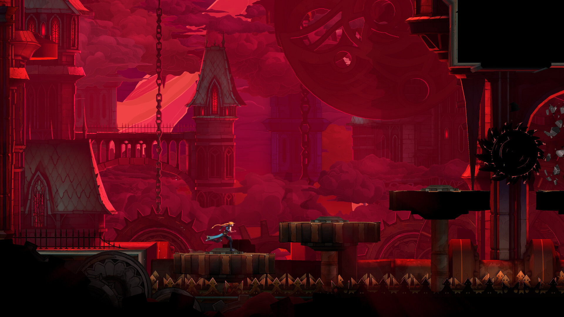 Rose Belmont runs toward platforms and a rotating hazard in a red gothic stage.