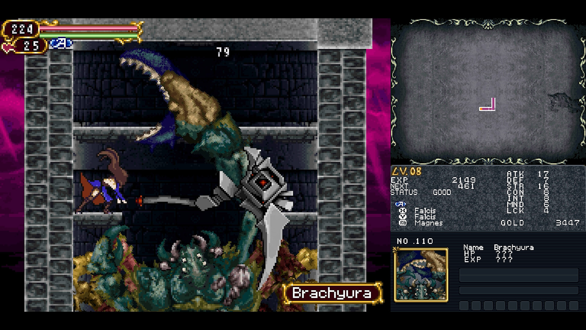 Dawn of Sorrow shows a fight against a large creature with its lower-screen status display.