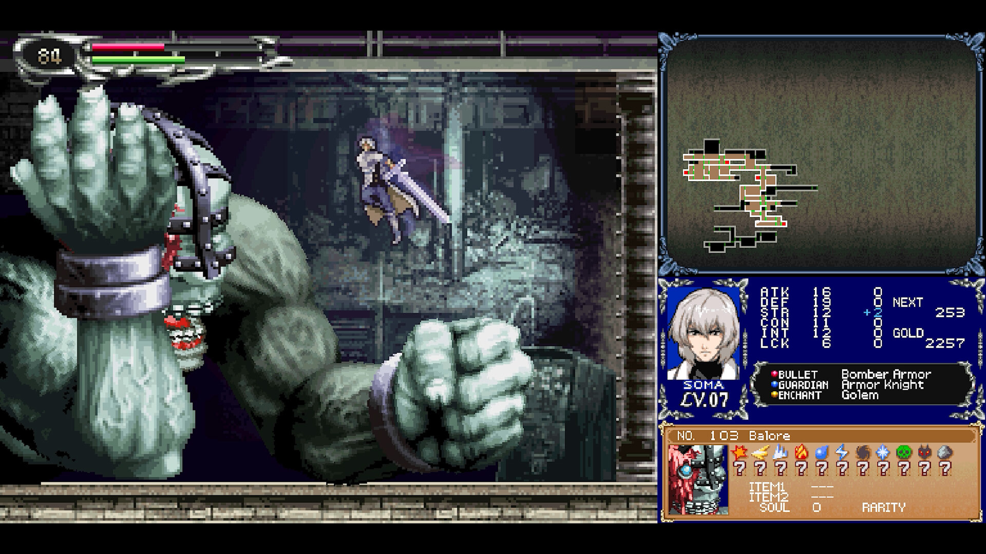 A Castlevania DS game shows a fight beside its map and status display.