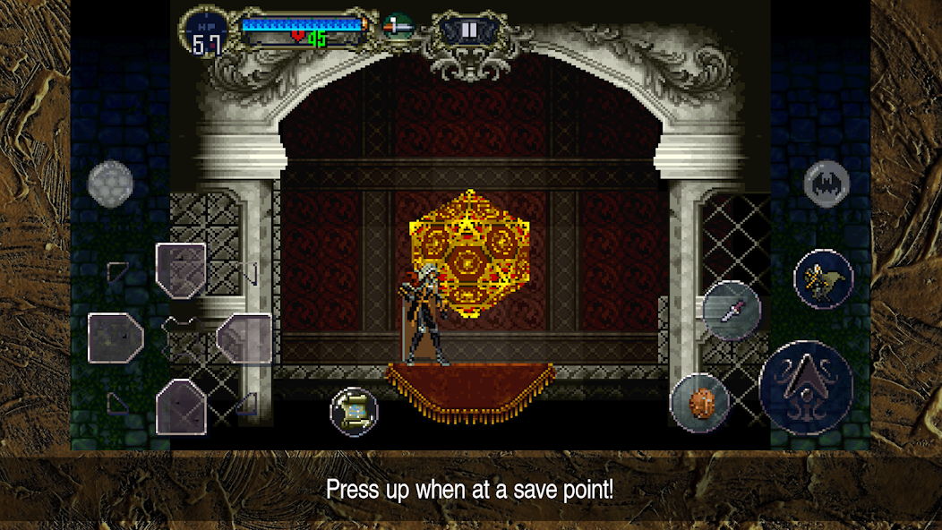 Alucard stands before a glowing save point in the official mobile edition screenshot.