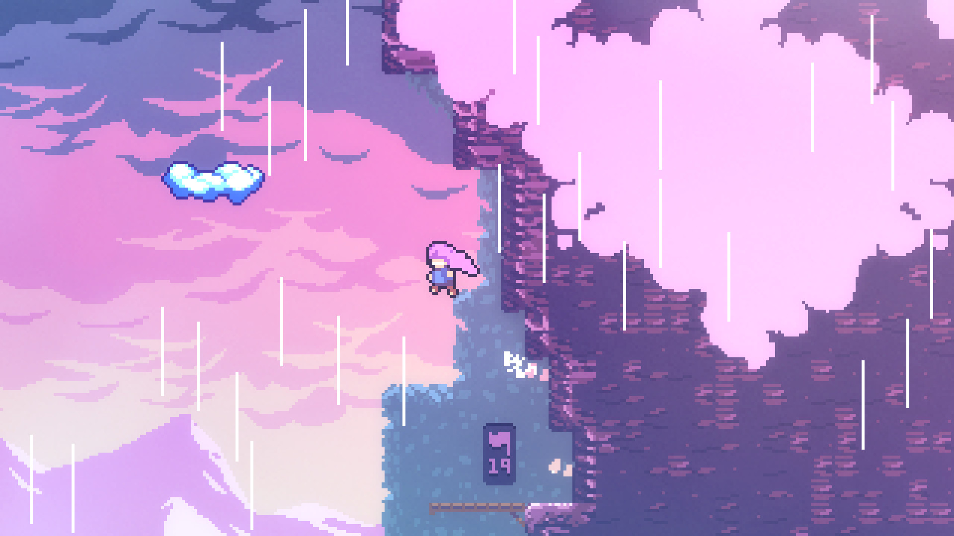 Madeline moves through a vertical platforming room beneath a pink sky.