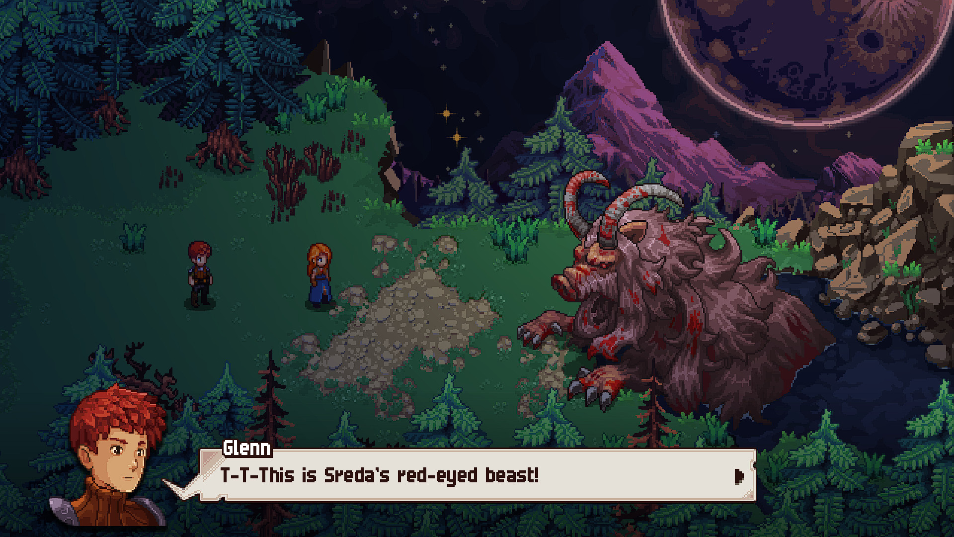 Glenn and his party confront a red-eyed creature in a forest.