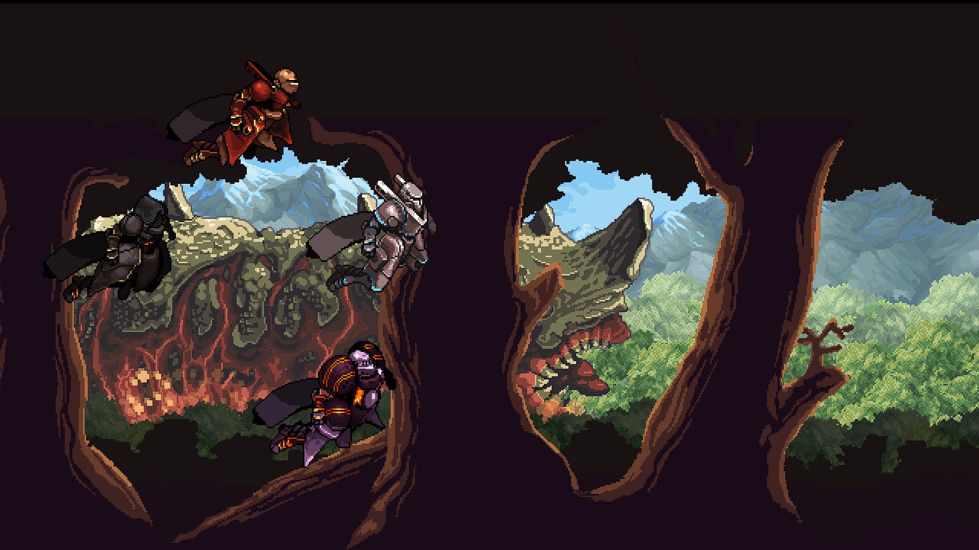 Armoured fighters leap between airborne creatures above the mountains.