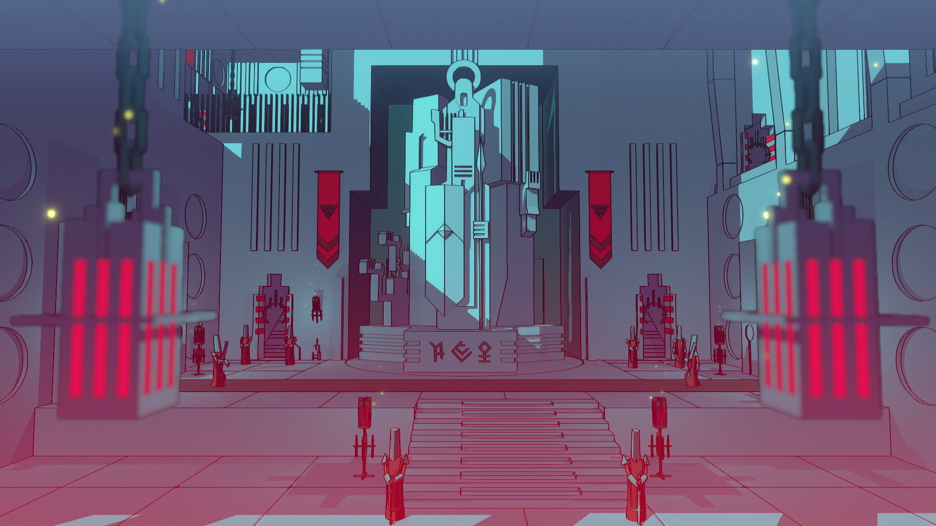 The Traveler faces a monumental hall guarded by red-robed figures.