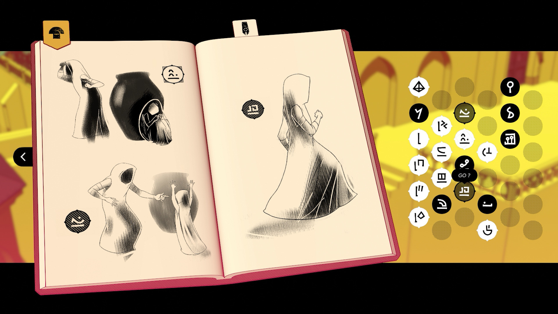 The translation notebook pairs sketched figures with discovered glyphs.