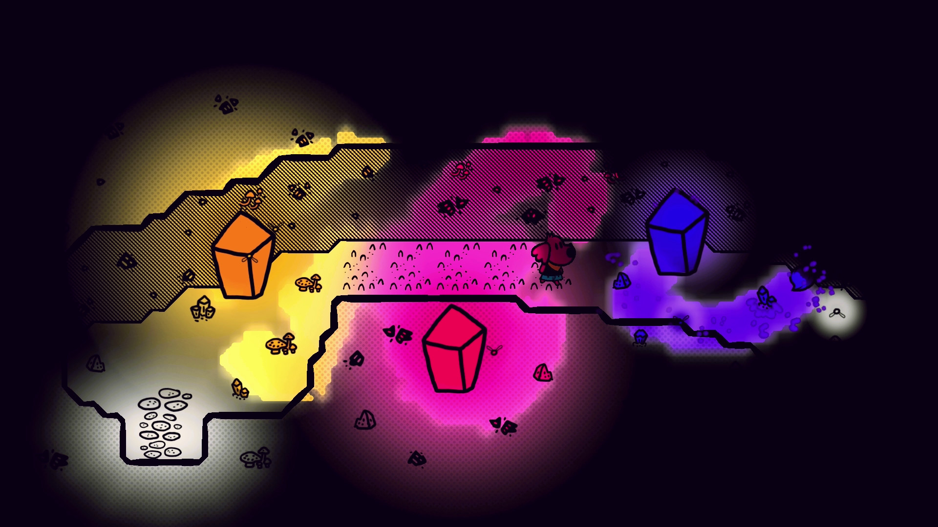 Bright paint illuminates a dark passage with geometric forms.