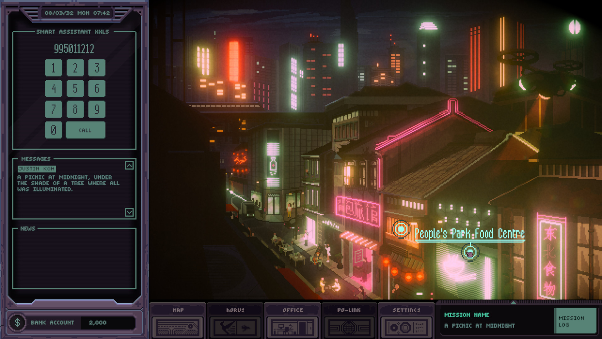 Amira crosses a neon-lit Singapore street.