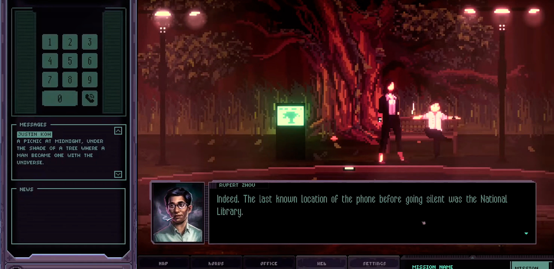 Amira interviews a contact in a park with the dialogue interface open.