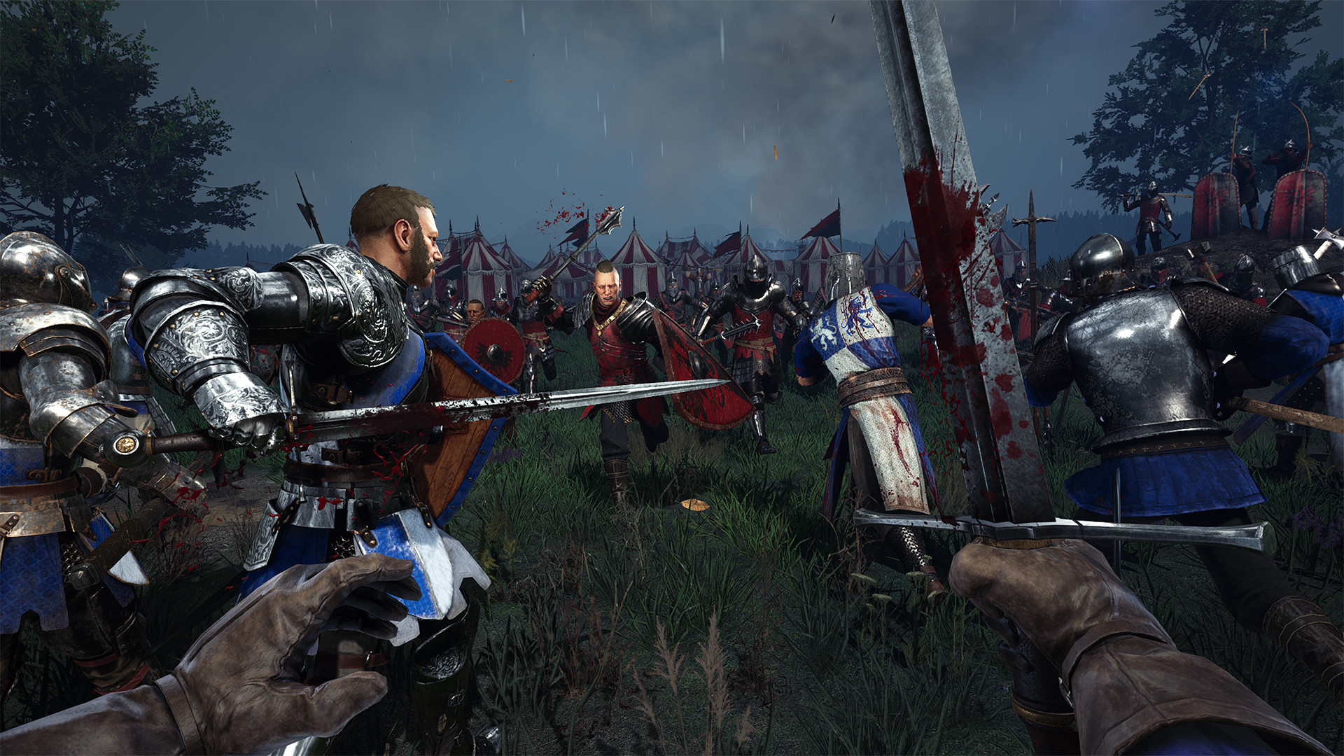 Armored fighters clash across a rain-soaked medieval battlefield.