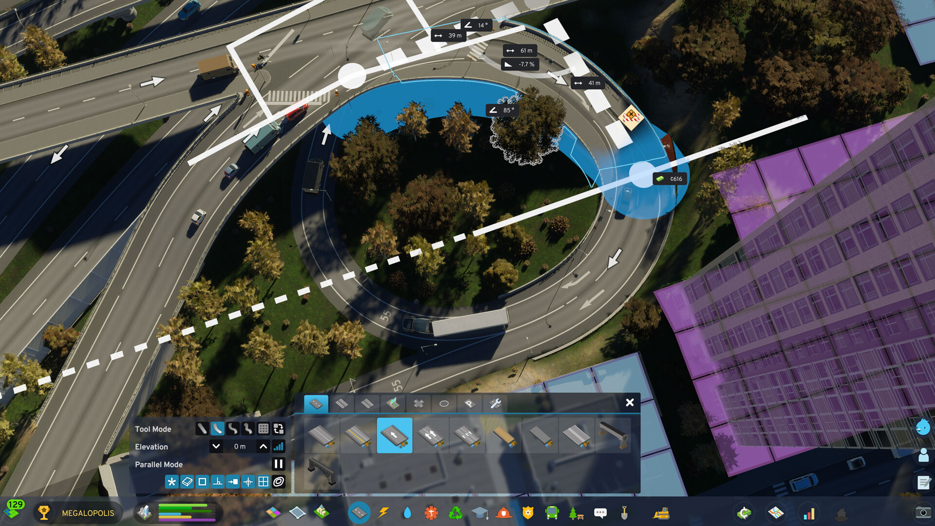 Road-building tools shape a curved interchange in the city.