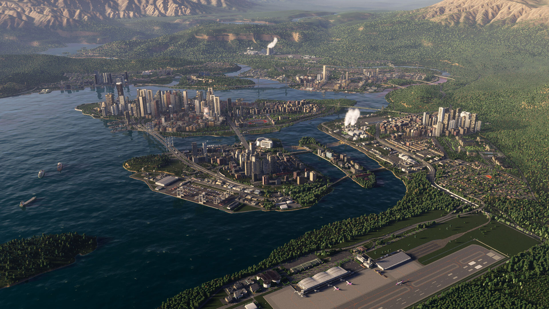 A developed coastal city stretches along waterways and bridges.