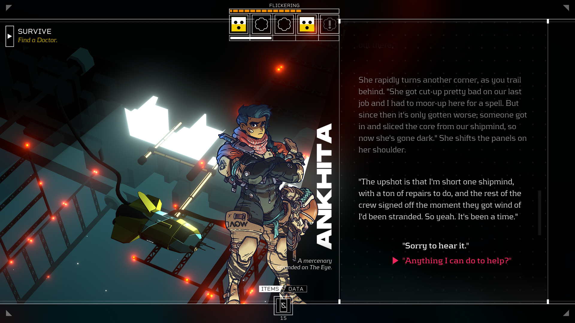 A character dialogue panel opens over Erlin’s Eye station map.