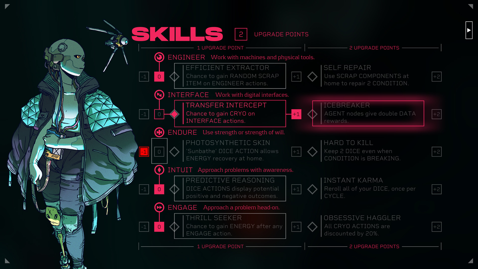 The Sleeper’s Skills screen shows upgrade paths and abilities.