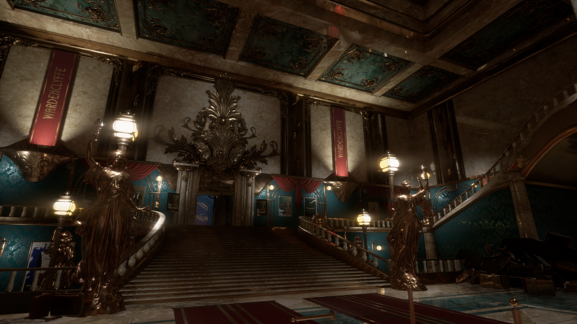 An ornate stairway leads through a grand interior.
