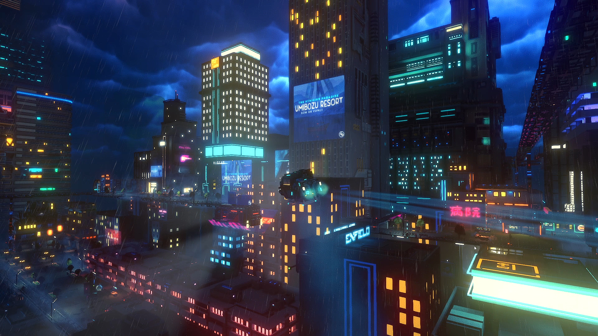 Neon towers and flying vehicles fill the night city.
